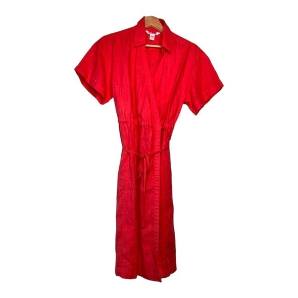 ATHLETA Playa Linen Short Sleeve Tie Waist Mini Wrap Dress Coral Size 10 - Picture 7 of 8